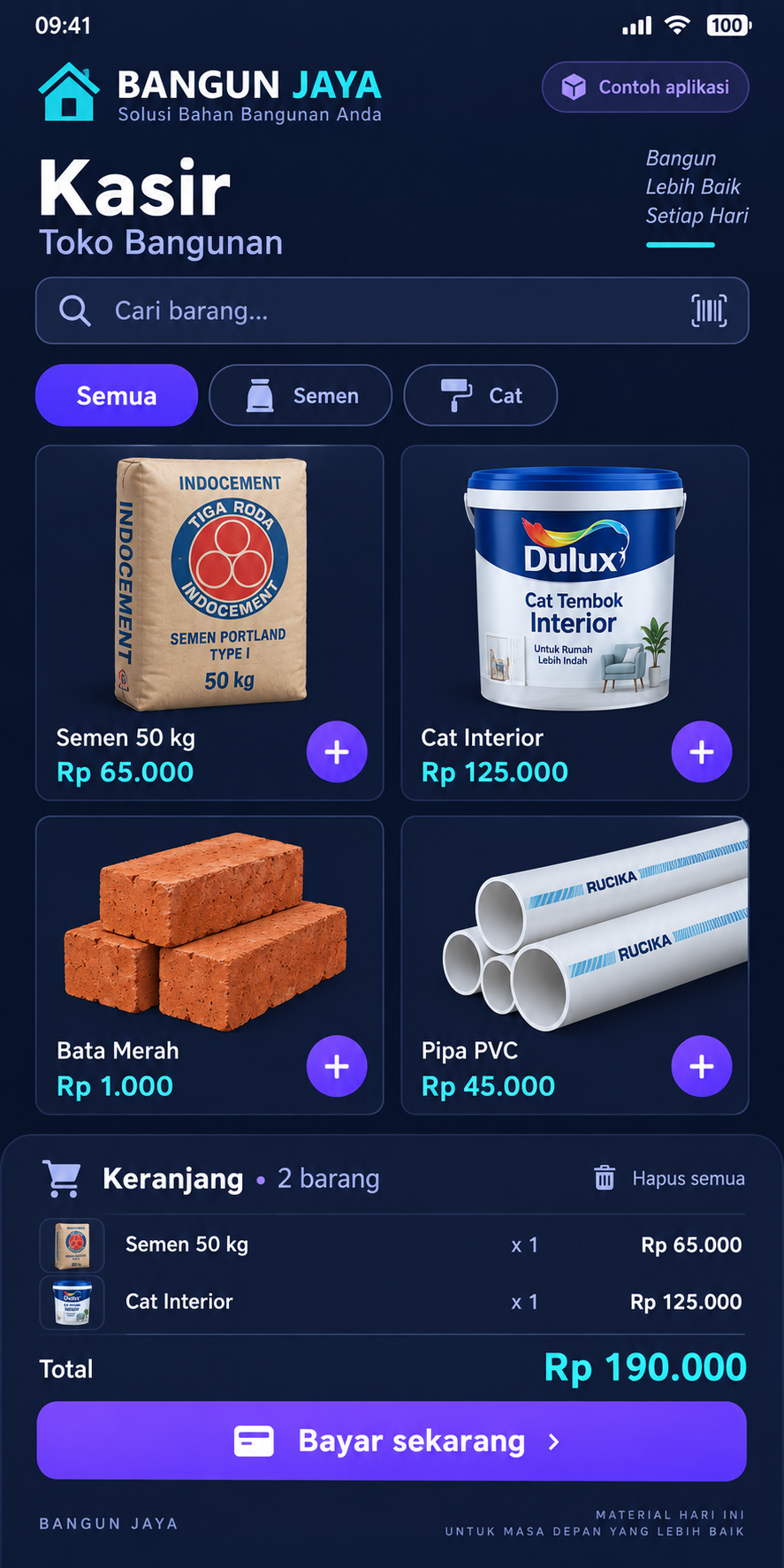 Contoh POS App toko bangunan: katalog semen, cat, bata, pipa, dan keranjang pembayaran